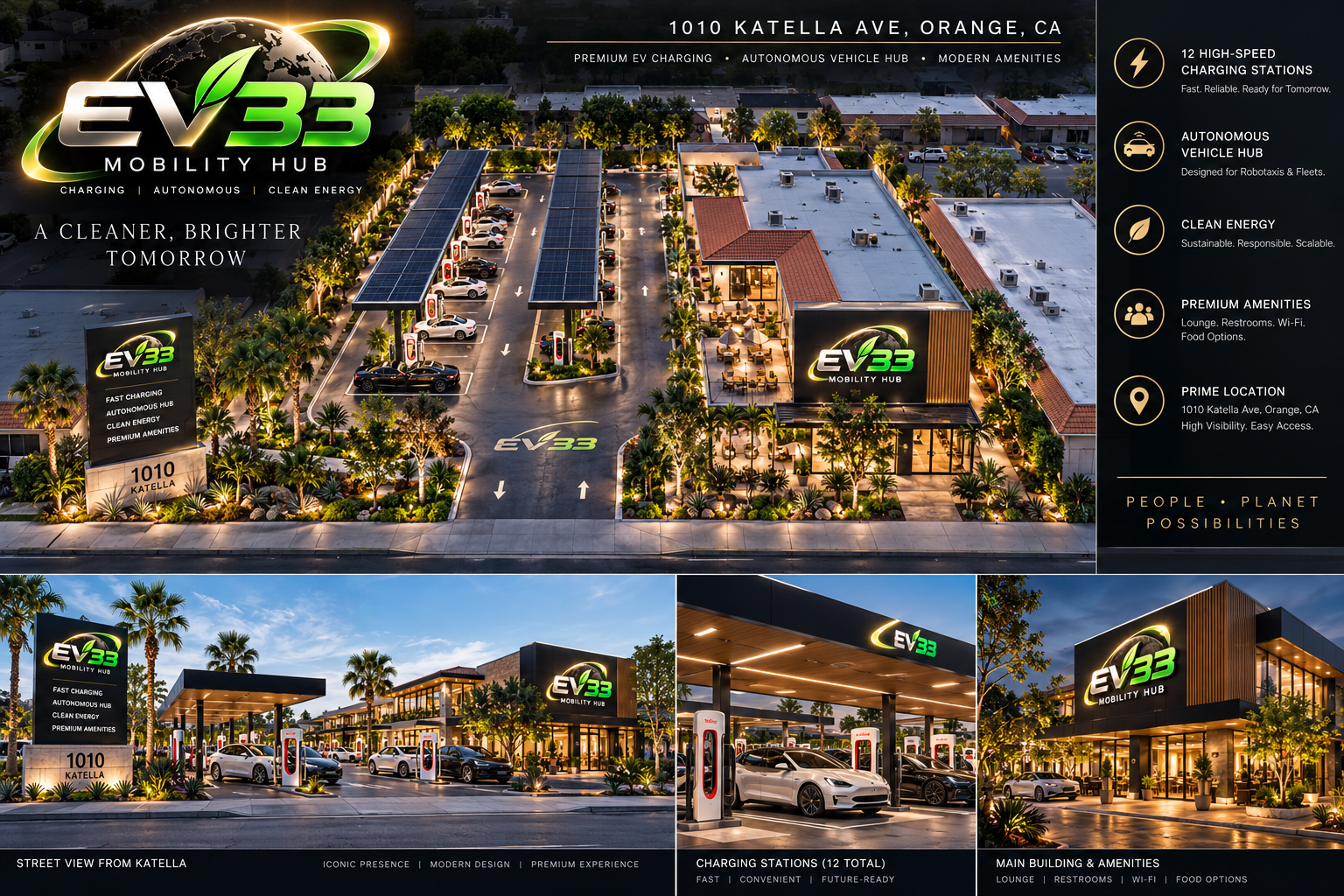Client-supplied EV33 Mobility Hub concept board: cars at solar-covered charging stations, an amenities building, an aerial overview and three detail views.
