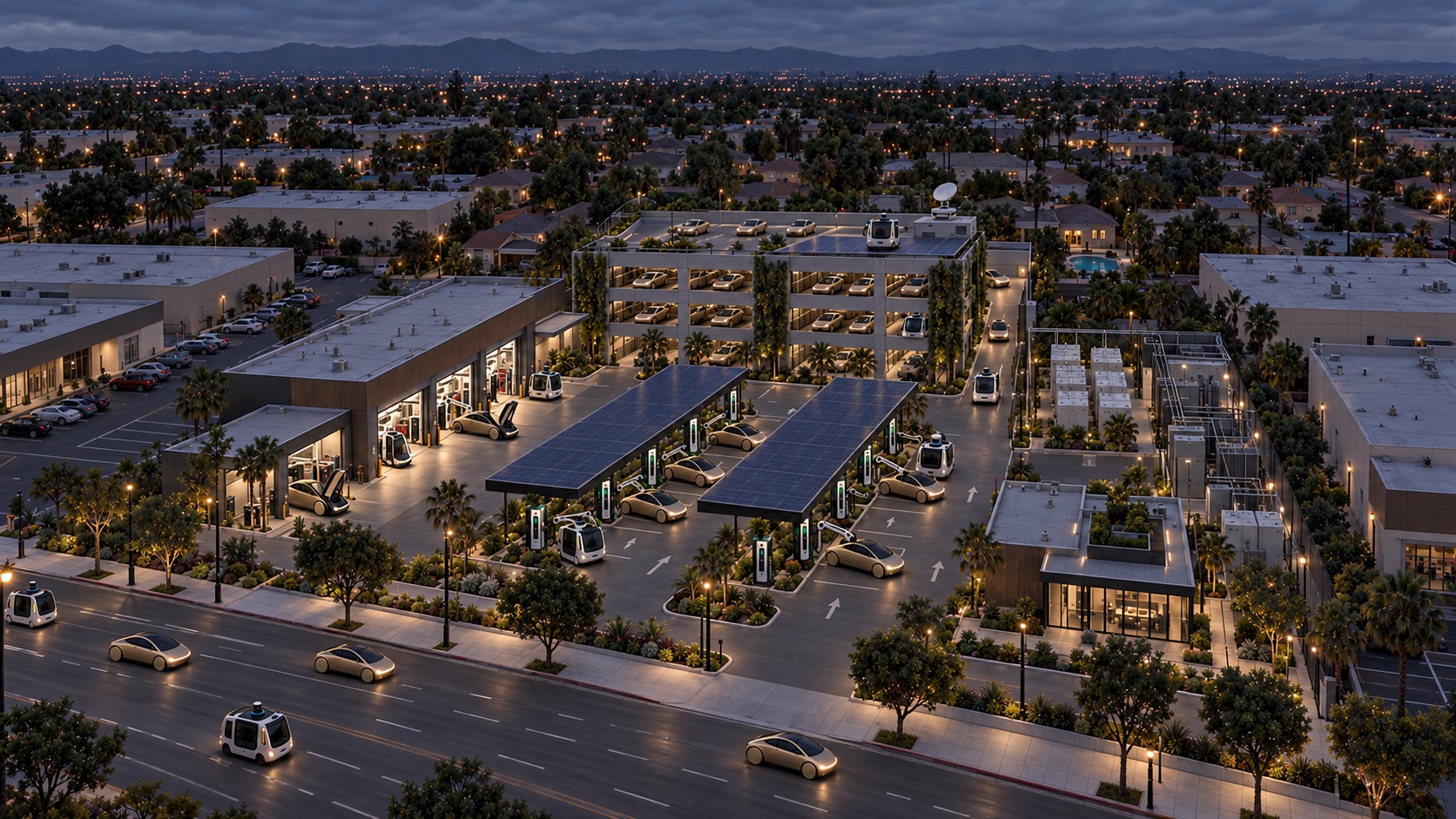 EV33 redevelopment concept inspired by 1010 E Katella Avenue: visible charging stations beneath solar canopies, service bays, a fleet garage and an energy yard surrounded by shops and homes